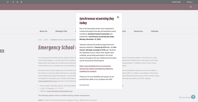 Security scan screenshot of https://www.duneland.k12.in.us/news/emergency-school-closing-procedures
