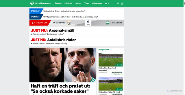 Security scan screenshot of https://www.fotbollskanalen.se