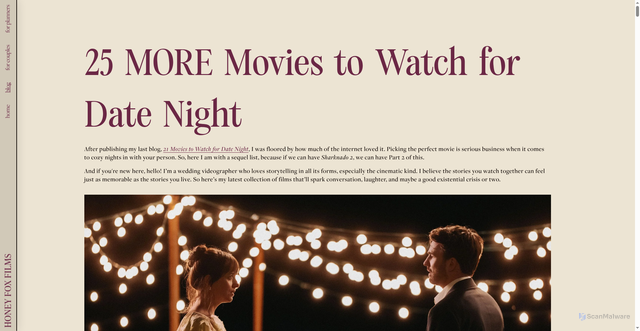 Security scan screenshot of https://www.honeyfoxfilms.com/blog/25-more-movies-to-watch-for-date-night