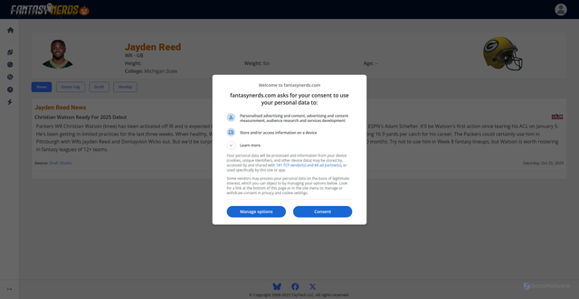 Security scan screenshot of https://www.fantasynerds.com/nfl/player/3168/jayden-reed