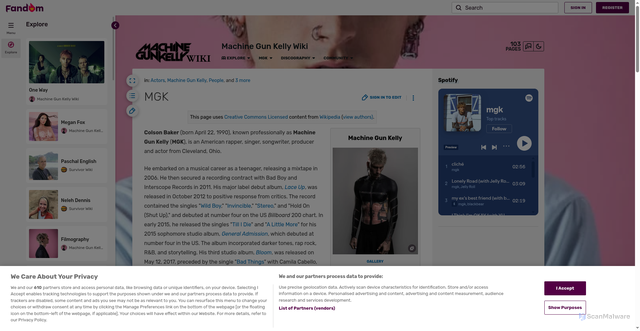 Security scan screenshot of https://machinegunkelly.fandom.com/wiki/MGK