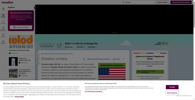 Security scan screenshot of https://la-wiki-de-la-geografia.fandom.com/es/wiki/Estados_Unidos
