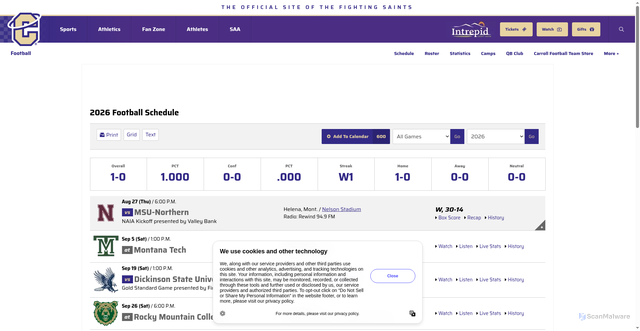 Security scan screenshot of https://carrollathletics.com/sports/football/schedule/2026
