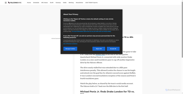 Security scan screenshot of https://thefalconswire.usatoday.com/story/sports/nfl/falcons/2025/10/13/falcons-drake-london-michael-penix-bills/86681709007/