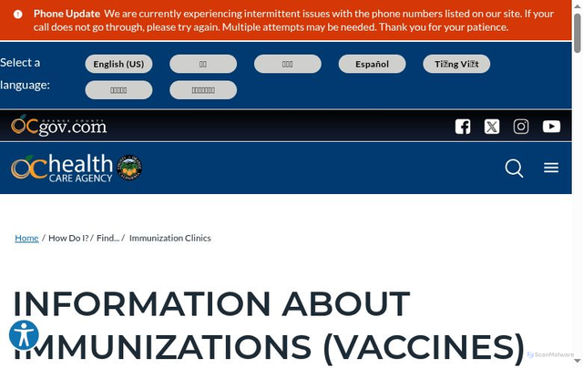 Security scan screenshot of https://ochealthinfo.com/about-hca/public-health-services/immunization-vaccines