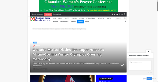 Security scan screenshot of https://ghanaiannews.ca/canada-makes-distinctive-appearance-at-milan-cortina-winter-olympics-opening-ceremony/