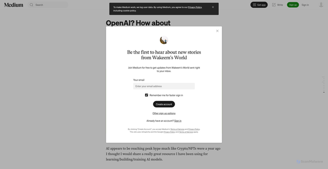 Security scan screenshot of https://danwakeem.medium.com/you-have-heard-of-openai-but-have-you-heard-of-huggingface-co-a431a4e1c7e5