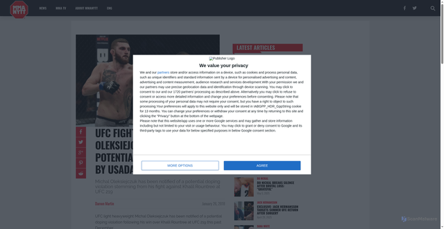 Security scan screenshot of https://www.mmanytt.com/latest-news/ufc-fighter-michal-oleksiejczuk-flagged-potential-doping-violation-usada/