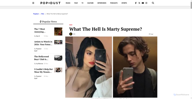 Security scan screenshot of https://www.popdust.com/what-is-marty-supreme-movie