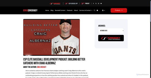 Security scan screenshot of https://ericcressey.com/csp-elite-baseball-development-podcast-building-better-catchers-with-craig-albernaz/