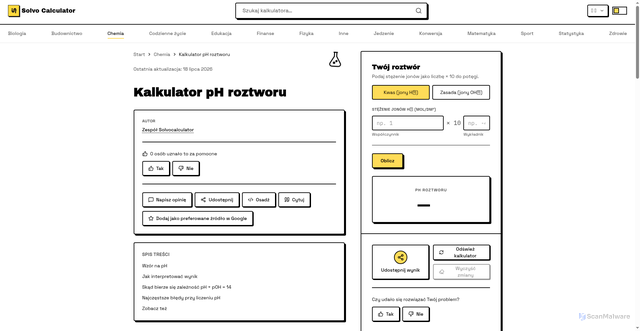 Security scan screenshot of https://solvocalculator.pages.dev/pl/chemia/ph/