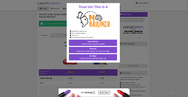Security scan screenshot of https://www.lineupexperts.com/football/trade-analysis?trade=jordan-watkins_for_adonai-mitchell