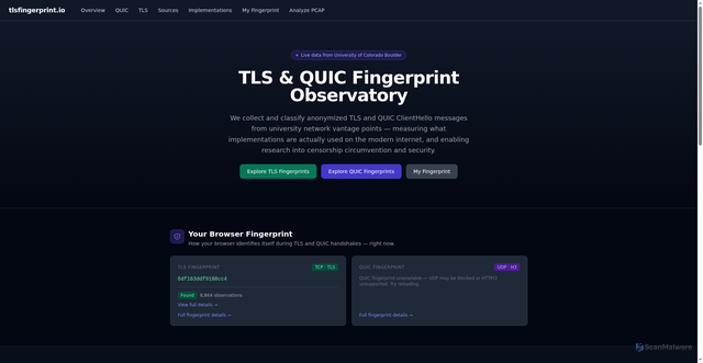 Security scan screenshot of https://tlsfingerprint.io/