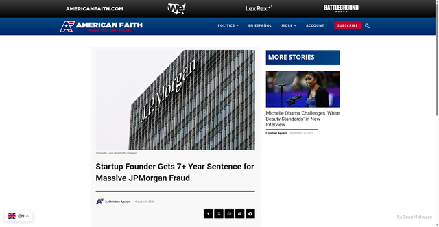 Security scan screenshot of https://americanfaith.com/startup-founder-gets-7-year-sentence-for-massive-jpmorgan-fraud/