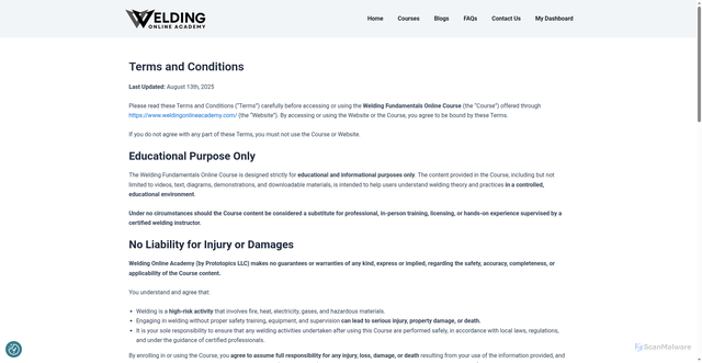 Security scan screenshot of https://weldingonlineacademy.com/terms-and-conditions/