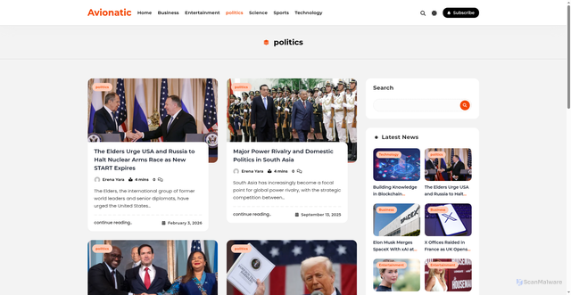 Security scan screenshot of https://avionatic.site/category/politics/