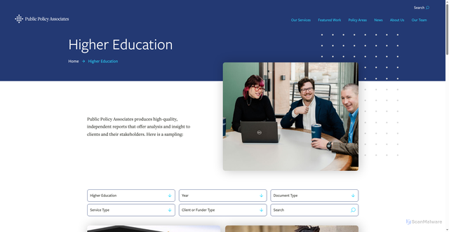 Security scan screenshot of https://publicpolicy.com/featured-work/policy-areas/higher-education/