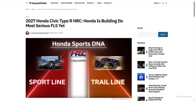 Security scan screenshot of https://vicrezdriver.com/2027-honda-civic-type-r-hrc-honda-is-building-its-most-serious-fl5-yet/