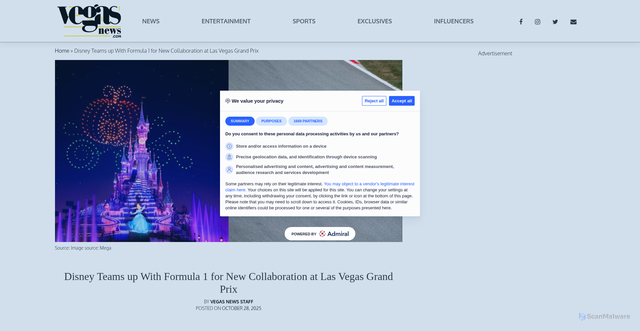 Security scan screenshot of https://vegasnews.com/sports/disney-teams-up-formula-1-las-vegas-grand-prix/