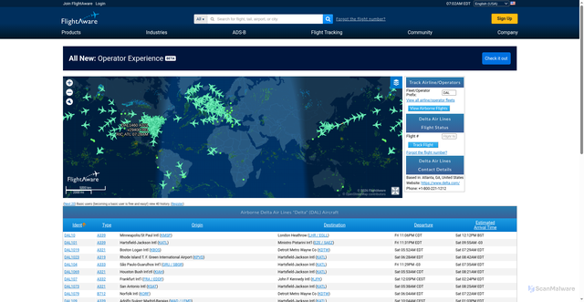 Security scan screenshot of https://ko.flightaware.com/live/fleet/DAL