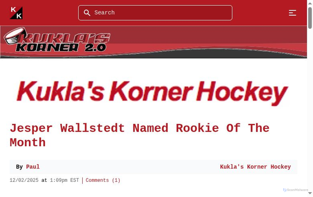 Security scan screenshot of https://kuklaskorner.com/kuklas-korner-hockey/jesper-wallstedt-named-rookie-of-the-month