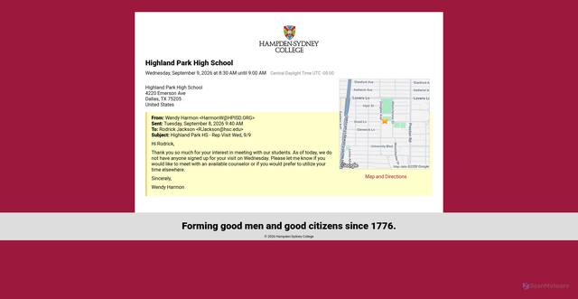 Security scan screenshot of https://admission.hsc.edu/portal/travel?id=c314ef12-c075-4024-9b9d-d4cfe946277e
