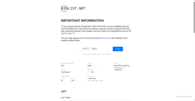 Security scan screenshot of https://binlist.net