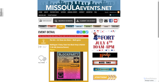 Security scan screenshot of https://www.missoulaevents.net/08/16/2025/bubblegum-x-daisy-chain-fest-block-party-market/