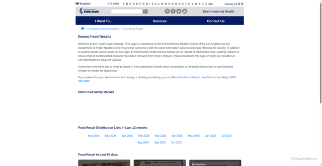 Security scan screenshot of http://publichealth.lacounty.gov/eh/safety/food-recalls.htm