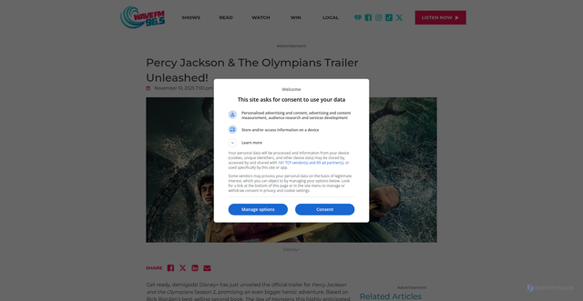 Security scan screenshot of https://www.wavefm.com.au/trending/entertainment/percy-jackson-the-olympians-trailer-unleashed/