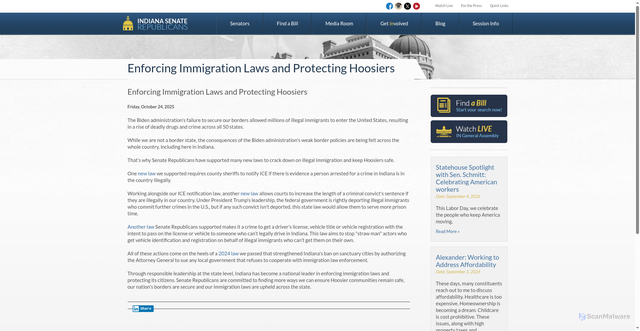 Security scan screenshot of https://www.indianasenaterepublicans.com/enforcing-immigration-laws-and-protecting-hoosiers