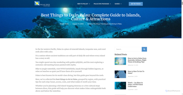 Security scan screenshot of https://palaudiveadventures.com/things-to-do-in-palau/