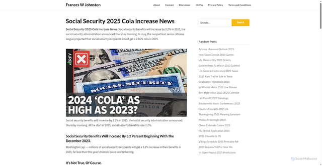 Security scan screenshot of https://franceswjohnstonj.pages.dev/zcbwg-social-security-2025-cola-increase-news-omptb/