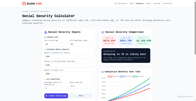 Security scan screenshot of https://ilovecalculate.net/social-security-calculator.html