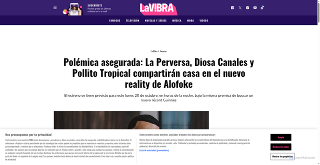 Security scan screenshot of https://lavibra.com/2025/10/20/polemica-asegurada-la-perversa-diosa-canales-y-pollito-tropical-compartiran-casa-en-el-nuevo-reality-de-alofoke/