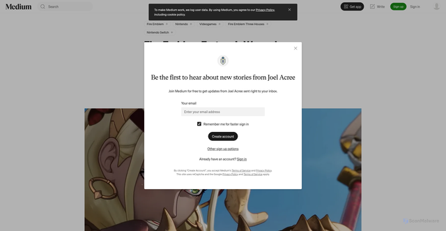Security scan screenshot of https://nestajaxxon.medium.com/fire-emblem-fortunes-weave-is-disappointing-65f8c0180526