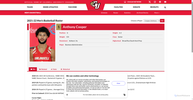 Security scan screenshot of https://caldwellathletics.com/sports/mens-basketball/roster/anthony--cooper/4205