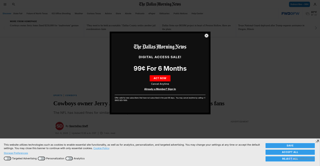 Security scan screenshot of http://sportsday.dallasnews.com/sports/cowboys/2025/10/06/dallas-cowboys-jerry-jones-flipping-off-new-york-jets-fans/