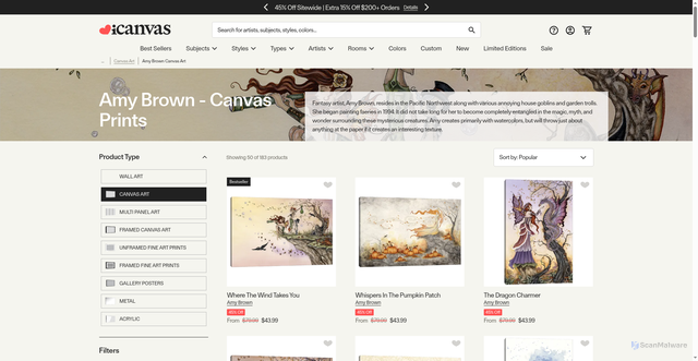 Security scan screenshot of https://www.icanvas.com/canvas-art-prints/artist/amy-brown