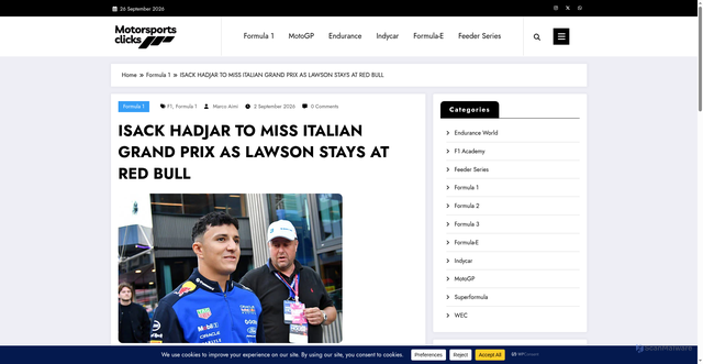 Security scan screenshot of https://motorsportsclicks.com/isack-hadjar-to-miss-italian-grand-prix-as-lawson-stays-at-red-bull/