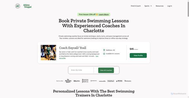 Security scan screenshot of https://athletesuntapped.com/browse/swimming/north-carolina/charlotte-nc/