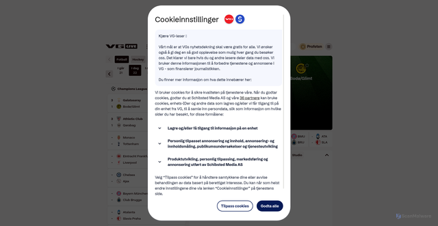 Security scan screenshot of https://vglive.vg.no/kamp/galatasaray-bod%C3%B8-glimt/721462/tabell
