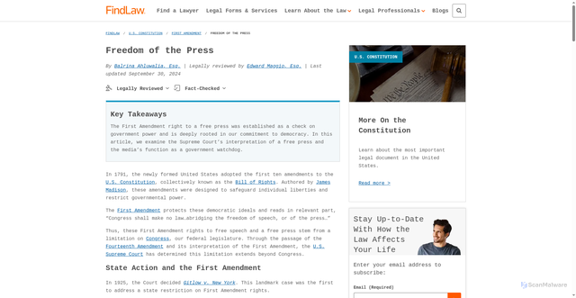 Security scan screenshot of https://constitution.findlaw.com/amendment1/first-amendment-freedom-of-the-press.html