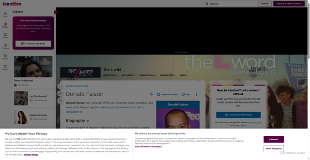 Security scan screenshot of https://the-l-word.fandom.com/wiki/Donald_Faison
