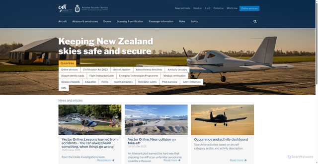 Security scan screenshot of https://www.aviation.govt.nz/