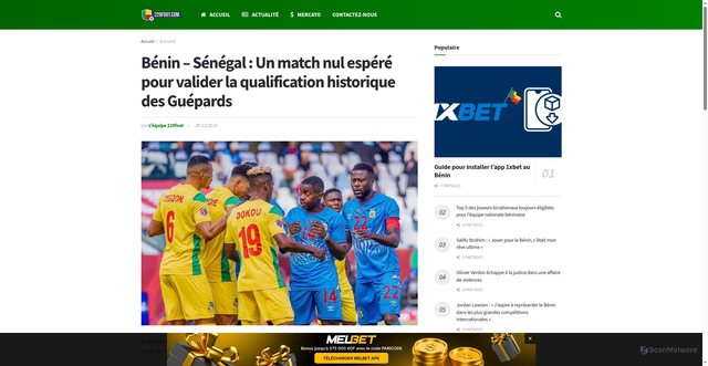 Security scan screenshot of https://229foot.com/benin-senegal-un-match-nul-espere-pour-valider-la-qualification-historique-des-guepards/