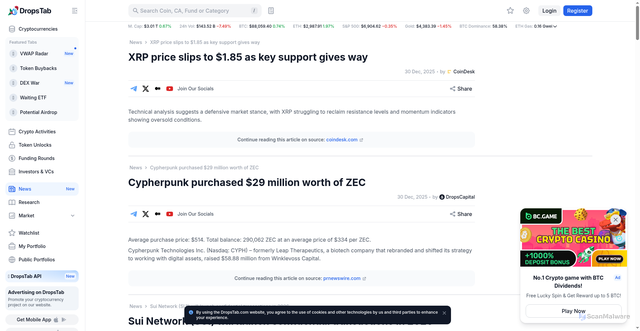 Security scan screenshot of https://dropstab.com/news/f7tkod0r-xrp-price-slips-to-usd1-85-as-key-support-gives-way