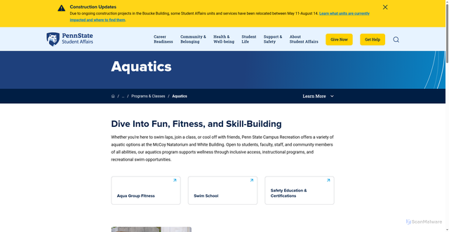Security scan screenshot of https://studentaffairs.psu.edu/health-wellbeing/recreation/programs-classes/aquatics