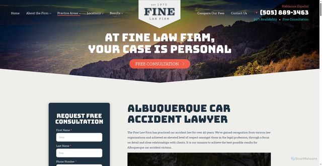 Security scan screenshot of https://www.thefinelawfirm.com/albuquerque-car-accidents/