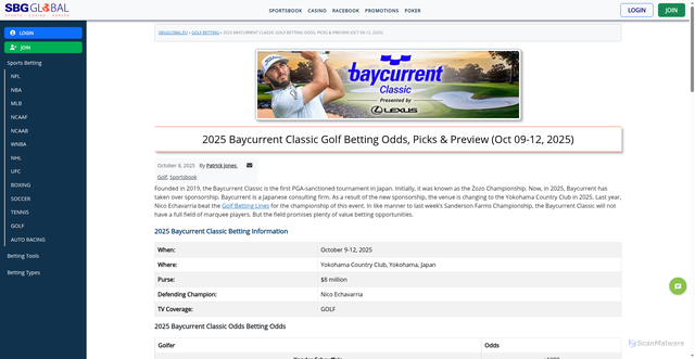 Security scan screenshot of https://www.sbgglobal.eu/golf/2025-baycurrent-classic-golf-betting-odds-picks-preview/